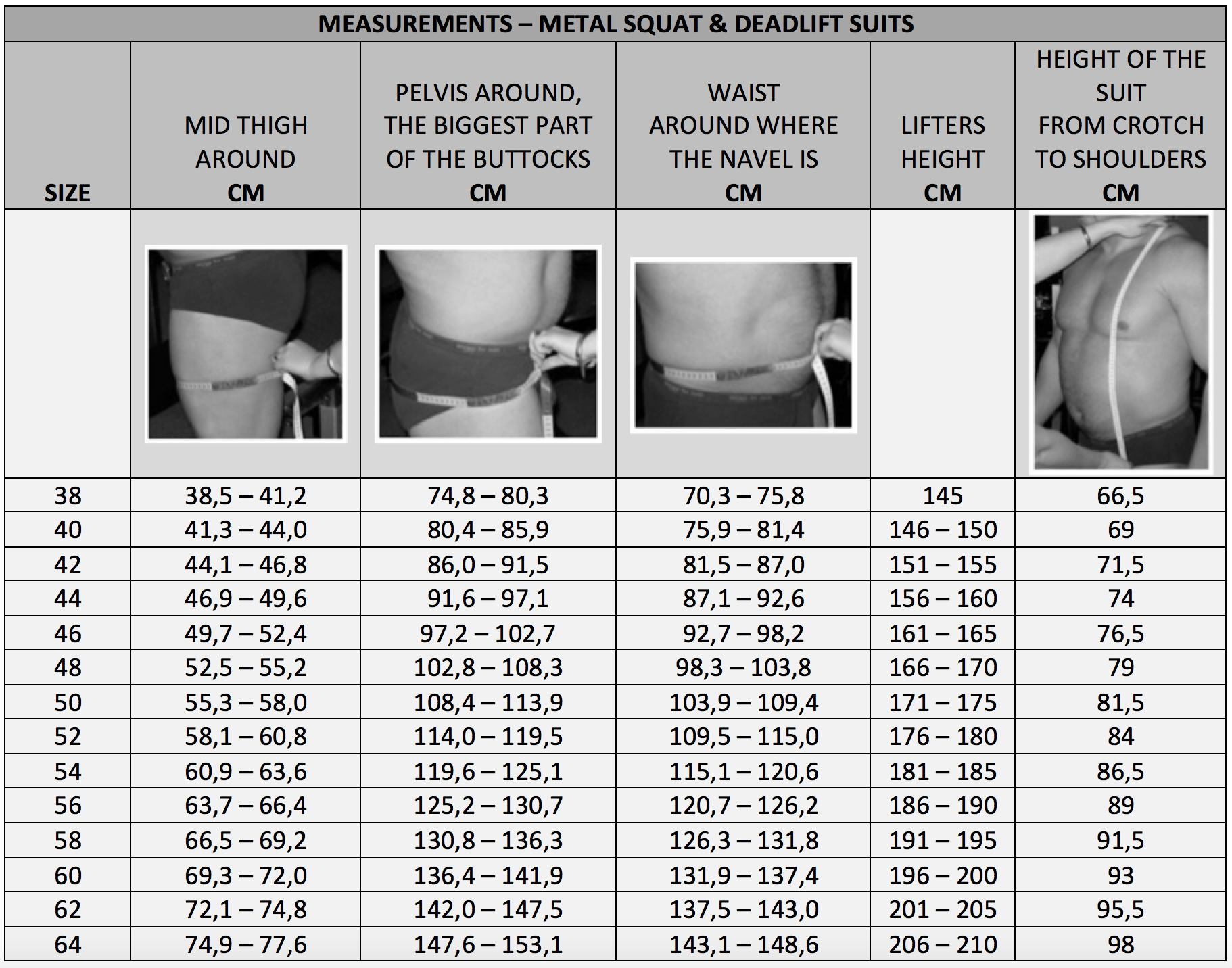 Titan Squat Suit Sizing Chart