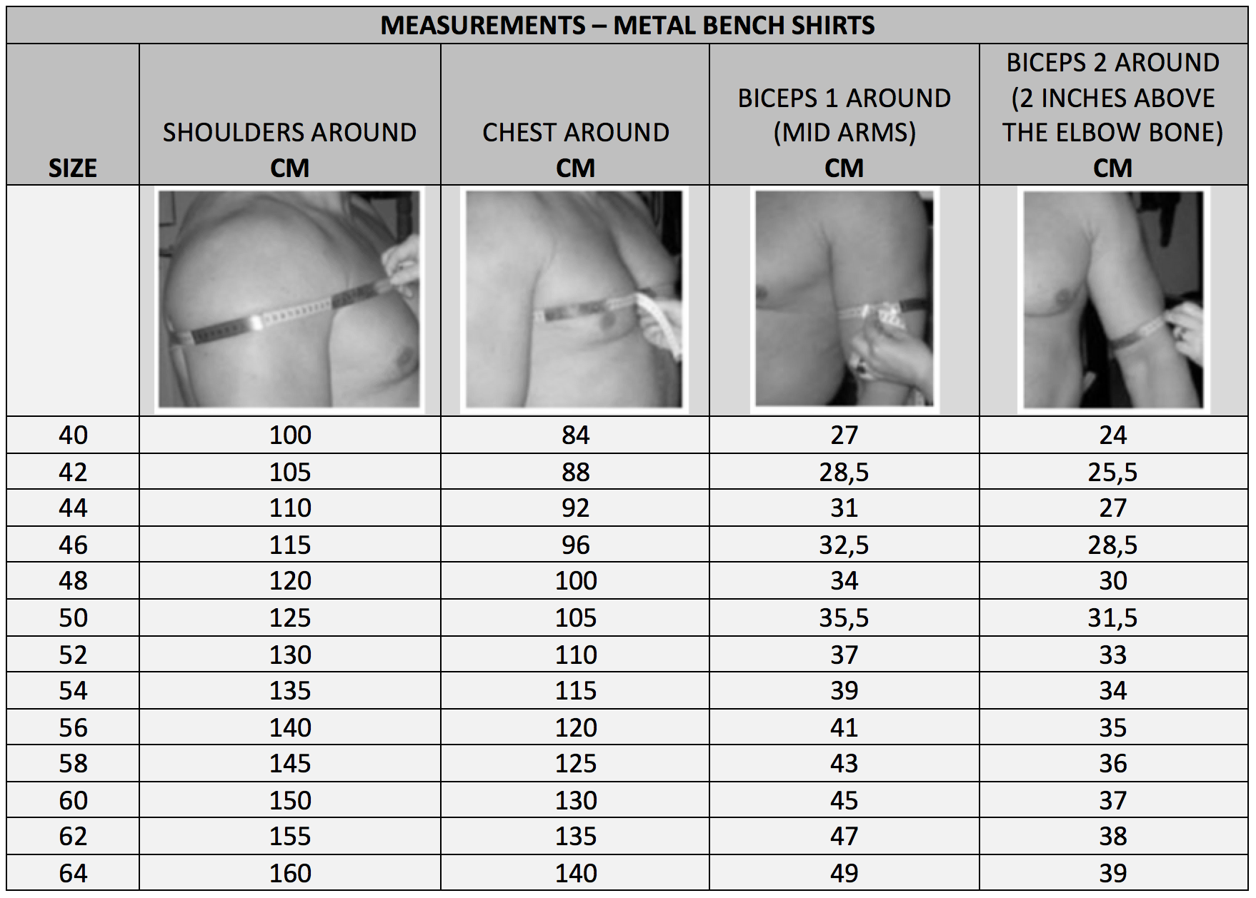 Bench Clothing Size Chart